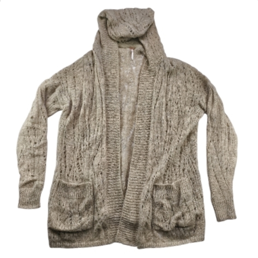 Free People Alpaca Blend Hooded Cardigan Women XS Beige Open Front